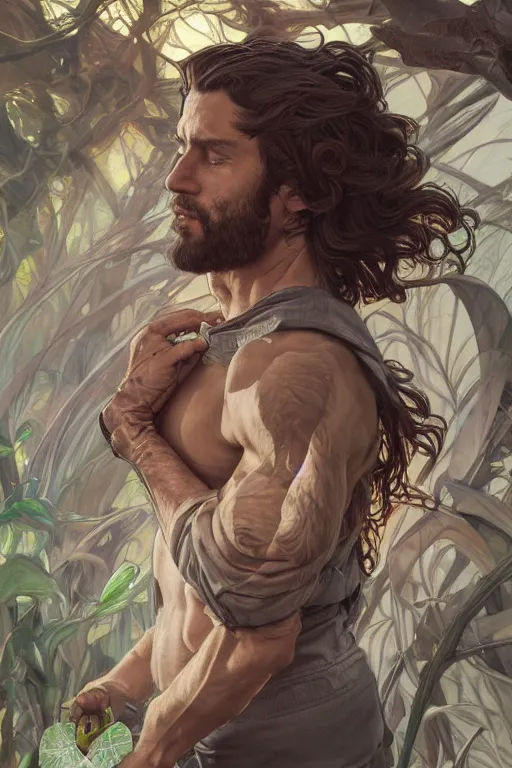 Image similar to portrait of a herculian man in a bomber - jacket, flowing hair, forest, full body, muscular, fantasy, intricate, elegant, highly detailed, digital painting, artstation, concept art, sharp focus, illustration, art by artgerm and greg rutkowski and alphonse mucha