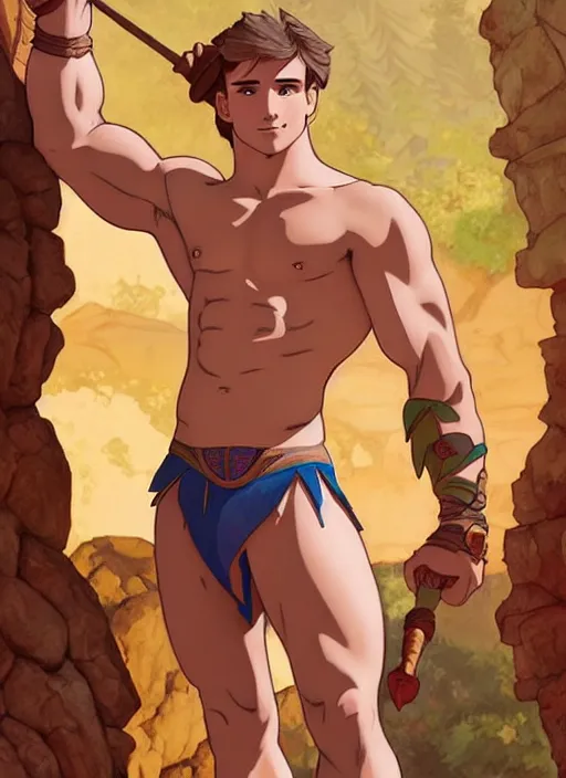 Prompt: cute muscular jack laugher wearing barbarian tunic, natural lighting, path traced, highly detailed, high quality, digital painting, by don bluth and ross tran and studio ghibli and alphonse mucha, artgerm