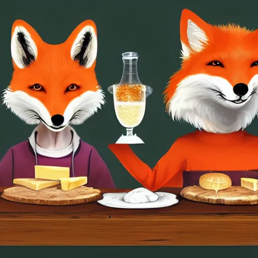 Prompt: foxes judging a cheese competition, artstation, detailed, award winning, digital illustration