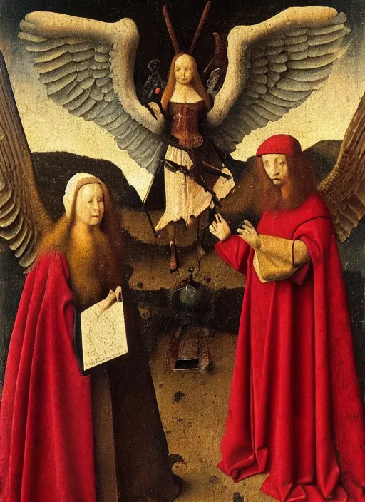 Prompt: fallen angels dressed in red with wings by Jan van Eyck, Hieronymus Bosch, Johannes Vermeer 4k post-processing, highly detailed medieval painting