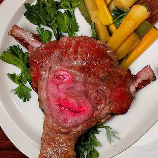 Prompt: gordon ramsay's face on a cooked rack of lamb