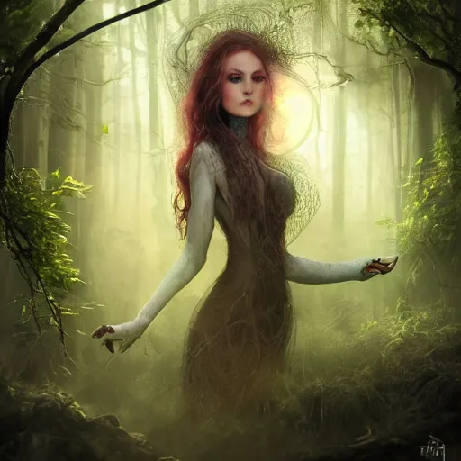 Prompt: head and shoulders portrait of a witch in a forest, dark fantasy, mystic, elegant, intricate, face, medium shot, trending on artstation, volumetric light, by Fernanda Suarez and Gil Elvgren