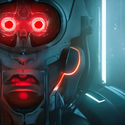 Prompt: a photograph from a big budget sci-fi movie of a cyborg, red glowing eyes, by Sam Spratt, by Vlad Rodrig﻿u﻿e﻿z, computer screens in the background, trending on Artstation, dark, dramatic, cinematic, realistic studio lighting.