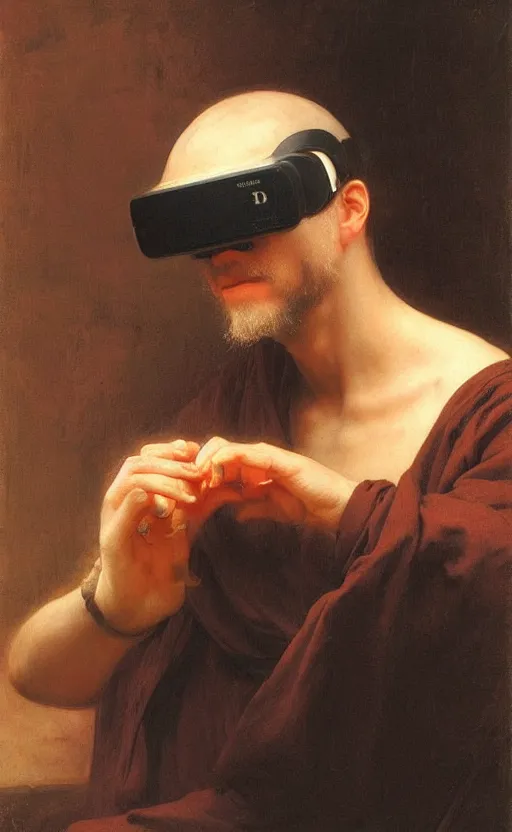 Image similar to a 1 4 th century monk using a vr headset by pierre auguste cot and delphin enjolras and daniel f. gerhartz