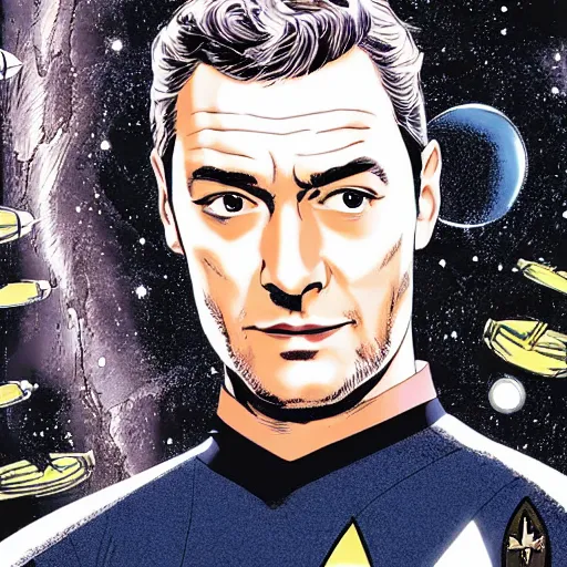 Image similar to Jude Law as a Star Trek captain, comic book art