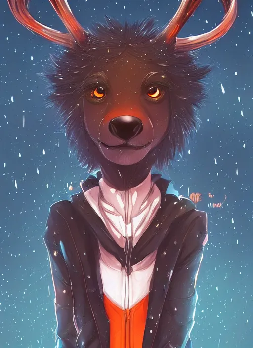 Image similar to award winning beautiful portrait commission of a male furry anthro Black Reindeer fursona with a tail, wings and a cute beautiful attractive detailed furry face wearing stylish black and orange galaxy clothes in a outerspace city at night while it rains. Character design by charlie bowater, ross tran, artgerm, and makoto shinkai, detailed, inked, western comic book art