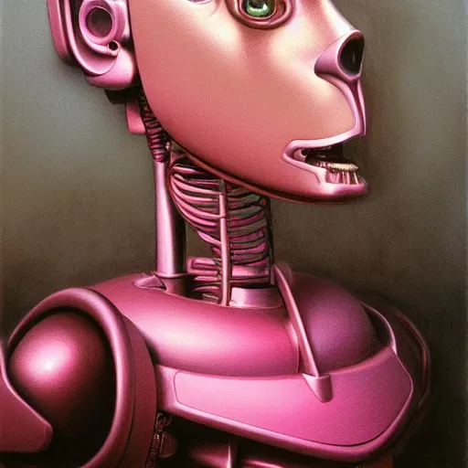 Prompt: pink robot artist artist painting a self portrait, by john howe