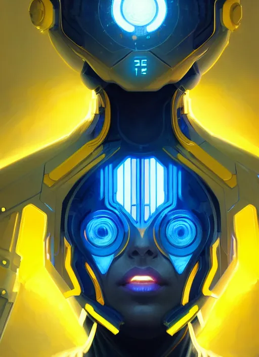 Prompt: symmetry portrait, sci - fi, tech wear, blue and yellow glowing lights, intricate, elegant, highly detailed, digital painting, artstation, concept art, smooth, sharp focus, illustration, art by artgerm and greg rutkowski and alphonse mucha