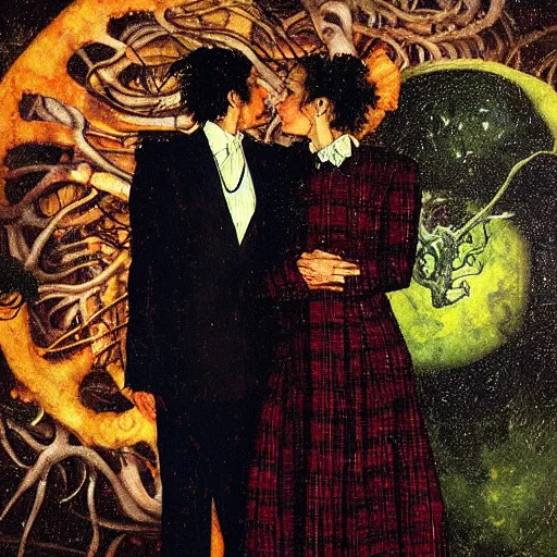 Image similar to two lovers wearing a suit made of nervous system, channeling third eye energy, surrounded by a background of dark cyber mystic garden of earthly delights, midnight hour, muted cold colors, painted part by wojciech siudmak, part by francisco goya, part by norman rockwell, part by hype wiliams, artstation