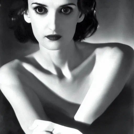 Image similar to portrait of winona ryder intricate, elegant, glowing lights, highly detailed photo by william mortensen