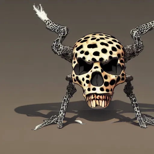 Prompt: Skull that look too much like skull!, crypt lurker!!, grasp of darkness!!!, pitchburn devils8k CG character rendering of a spider-like hunting female on its back, fangs extended, wearing a leopard-patterned dress, set against a white background, with textured hair and skin.