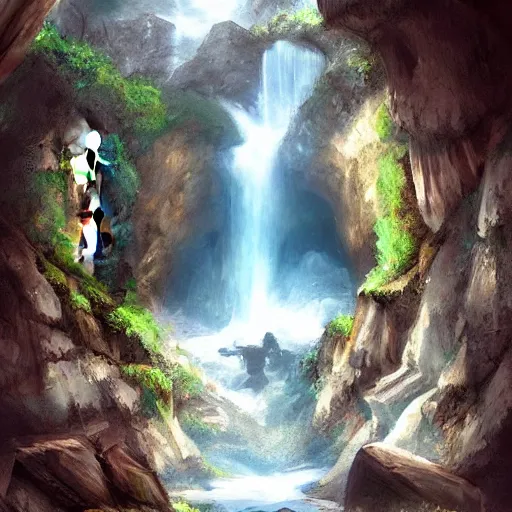 Image similar to digital art of an entrance to a cave, artstation, tomb raider, waterfall, river, mountain, rocks