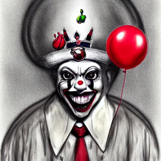 Prompt: surrealism grunge cartoon portrait sketch of a king with a wide smile and a red balloon wearing a crown by - michael karcz, loony toons style, pennywise style, horror theme, detailed, elegant, intricate