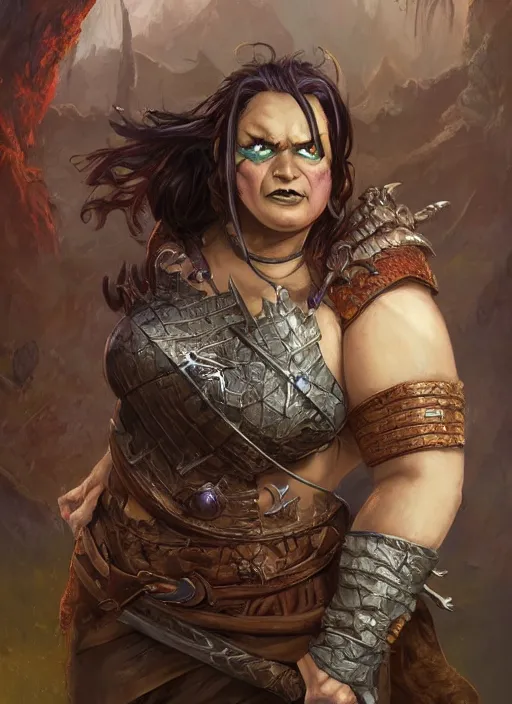 Image similar to female ogre, ultra detailed fantasy, dndbeyond, bright, colourful, realistic, dnd character portrait, full body, pathfinder, pinterest, art by ralph horsley, dnd, rpg, lotr game design fanart by concept art, behance hd, artstation, deviantart, hdr render in unreal engine 5