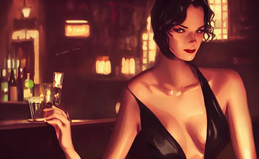 Image similar to femme fatale, at a bar, at night, dramatic lighting, black revealing dress, smiling, 2d digital character art, artstation, extremely detailed, beautiful, sharp, by WLOP