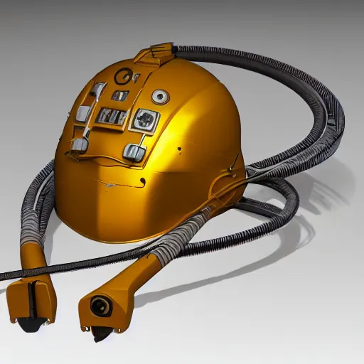 Prompt: hyper detailed boxcutter hard surface modelling rear view of yellow orange and gold astronaut helmet, arstation, cables wires, heart symbols, unreal engine 5