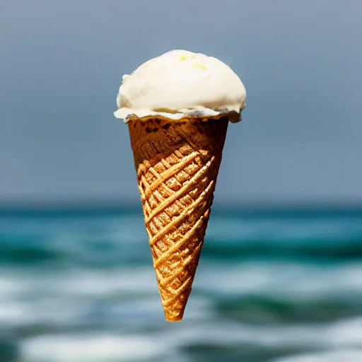 Prompt: a detailed photograph of a levitating ice cream cone growing out of a hamburger hovering over the ocean