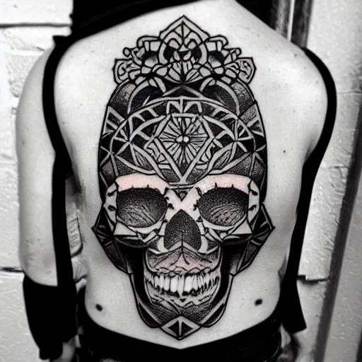 Image similar to tattoo design, stencil, tattoo stencil, traditional, a world famous tattoo of a geometric skull with a galaxy coming out of the top of its head-s 100