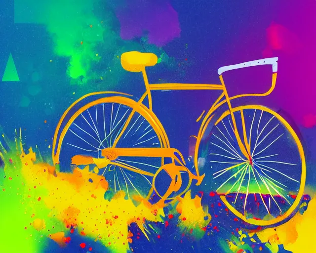 Prompt: a bicycle in front of a yellow background. paint splashes, outrun, vaporware, shaded flat illustration, digital art, trending on artstation, highly detailed, fine detail, intricate