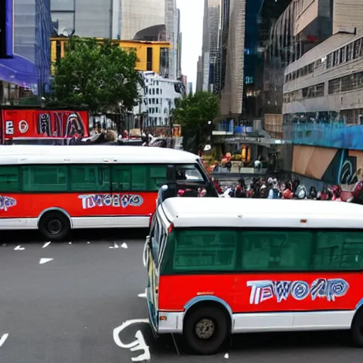 Prompt: Twopart buses, new on the routes, creep the crosstown blocks like giant insects.