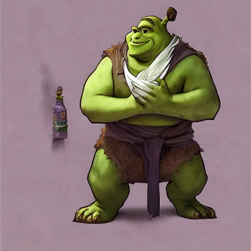 Image similar to Shrek on a toilet in the style of Krenz Cushart, Greg Rutkowski, Alphonse Mucha