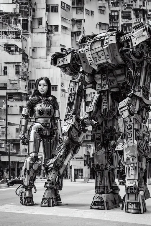 Image similar to portrait cinematography of beautiful young female, clothed in sci-fi military armor, long hair blowing in the wind. Giant mechs in the streets of Hong Kong. by Anita Sadowska