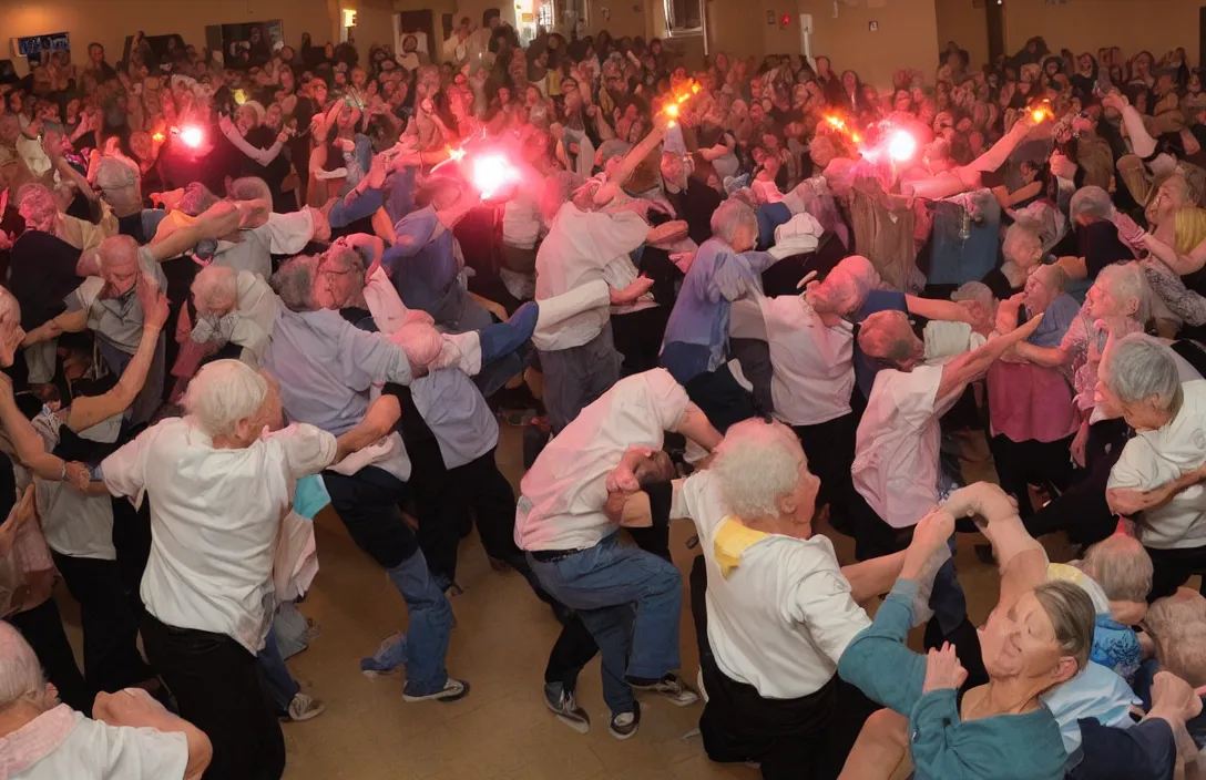 Prompt: a mosh pit at a nursing home with flashing lights