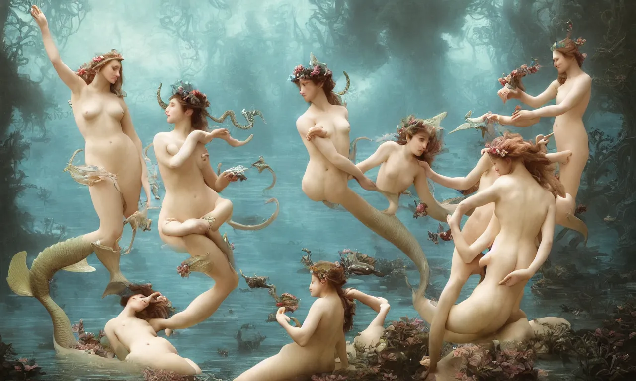 Image similar to a luminous springtime fairytale of beautiful realistic mermaids frolicking with the Kraken in the romantic underwater baroque kingdom of Neptune. Neon light, masterpiece 4k digital illustration by Ruan Jia and Mandy Jurgens and William-Adolphe Bouguereau, award winning, Artstation, Gustave Dore' background, intricate details, realistic, panoramic view, volumetric lighting, sun rays beaming, Hyperdetailed, 8k resolution, golden hour, intricate art nouveau, smooth, sharp focus, rendered in Unreal Engine 3