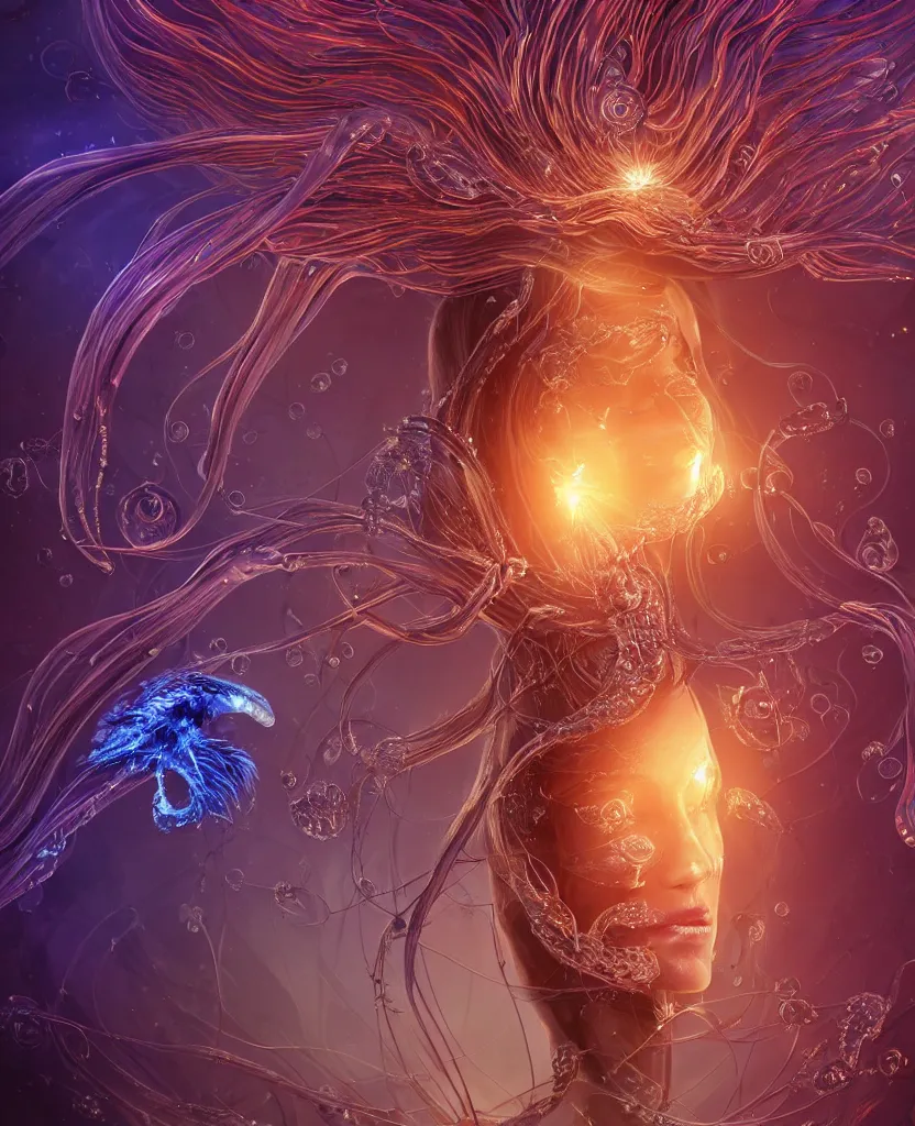 Image similar to close-up macro portrait of the face of a beautiful princess, epic angle and pose, symmetrical artwork, 3d with depth of field, blurred background, cybernetic jellyfish female face skull phoenix bird, translucent, nautilus, energy flows of water and fire. a highly detailed epic cinematic concept art CG render. made in Maya, Blender and Photoshop, octane render, excellent composition, cinematic dystopian brutalist atmosphere, dynamic dramatic cinematic lighting, aesthetic, very inspirational, arthouse. y Greg Rutkowski, Ilya Kuvshinov, WLOP, Stanley Artgerm Lau, Ruan Jia and Fenghua Zhong