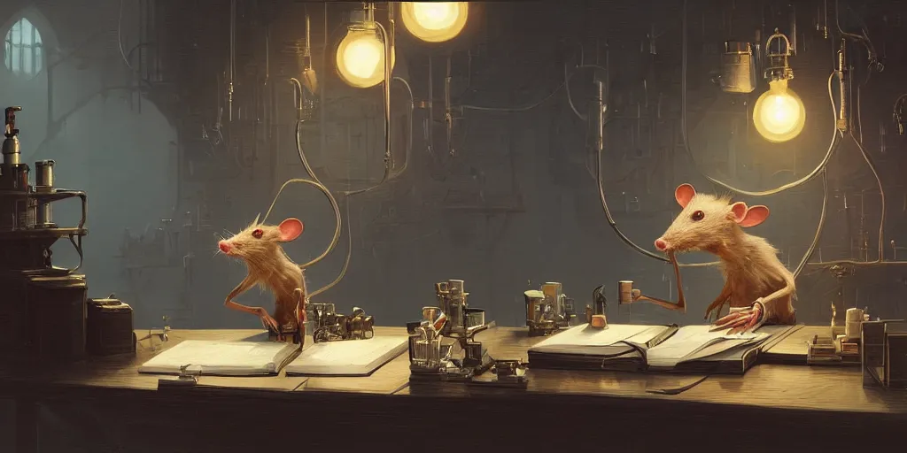 Image similar to humanoid rat in a laboratory sitting at a desk with lots of flasks filled with magic liquids and poisonous fog, stephen bliss, unreal engine, fantasy art by greg rutkowski, loish, rhads, ferdinand knab, ilya kuvshinov, rossdraws, tom bagshaw, global illumination, radiant soft light, detailed and intricate environment