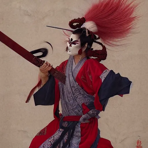 Image similar to an epic portrait of insane kabuki male wielding a spear and doing the nirami covered in a magical mist of insanity, intricate hakama, poofy red wig, eerie, highly detailed, dark fantasy, art by artgerm and greg rutkowski