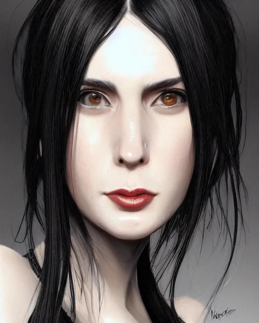 Image similar to portrait of a tall 4 0 - year - old woman with thin lips, long, voluminous black hair, and thick eyebrows, wearing in black clothes, hyper realistic face, beautiful eyes, character art, art by mark brooks, hyperdetailed, cryengine, trending on artstation, digital art