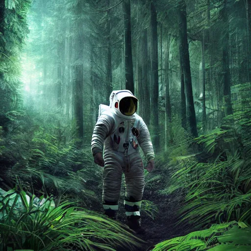 Image similar to an astronaut scans the lush forest, digital art, epic composition, highly detailed, cinematic lighting