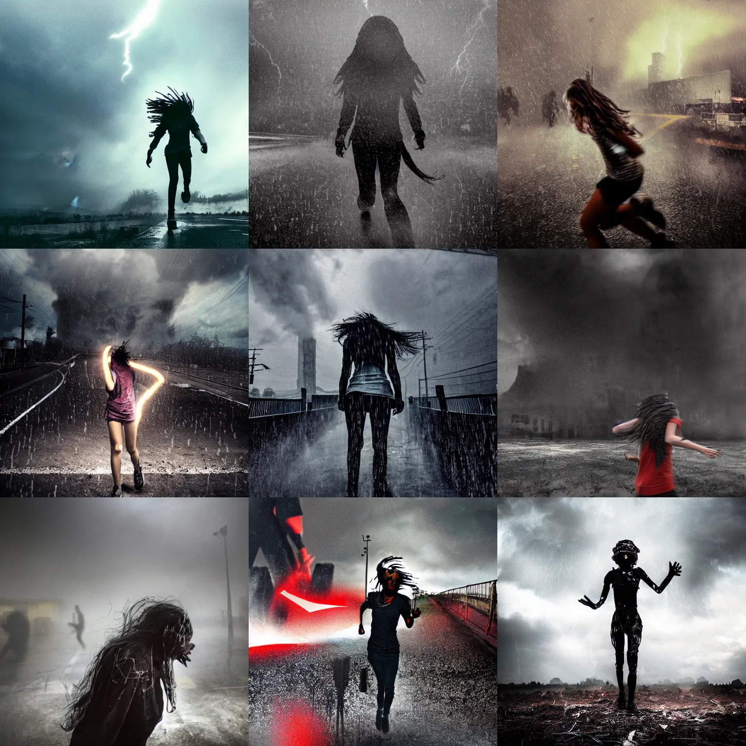 Prompt: apocalyptic photograph of a screaming teenage girl running toward the camera in shredded clothing, towering robot blurry in the background, atmospheric, rain, black smoke and lightning