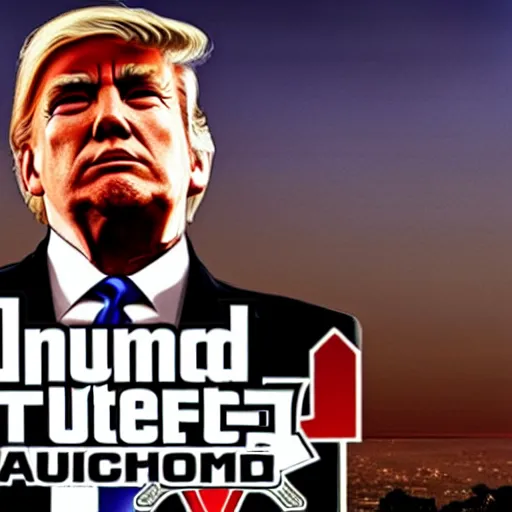 Prompt: Donald Trump on the cover of GTA V,