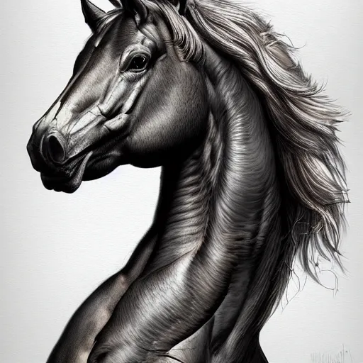 Image similar to portrait of a humanoid horse, muscular, upper body, hairy torso, fantasy, intricate, elegant, highly detailed, digital painting, artstation, concept art, matte, sharp focus, illustration