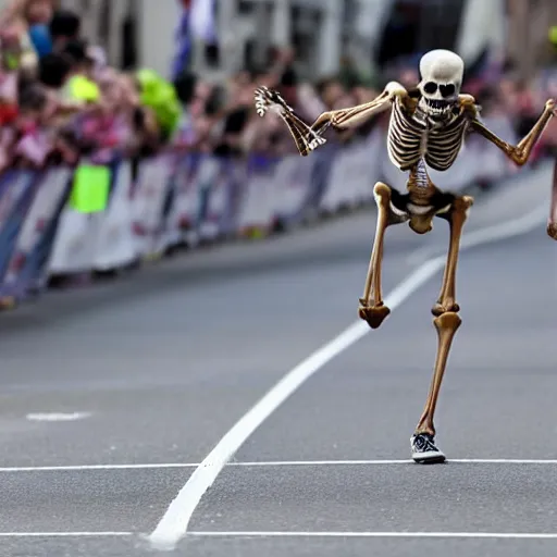 Prompt: A skeleton crossing the finish to win a marathon, award winning photograph, associated press photo, dynamic pose, 8k