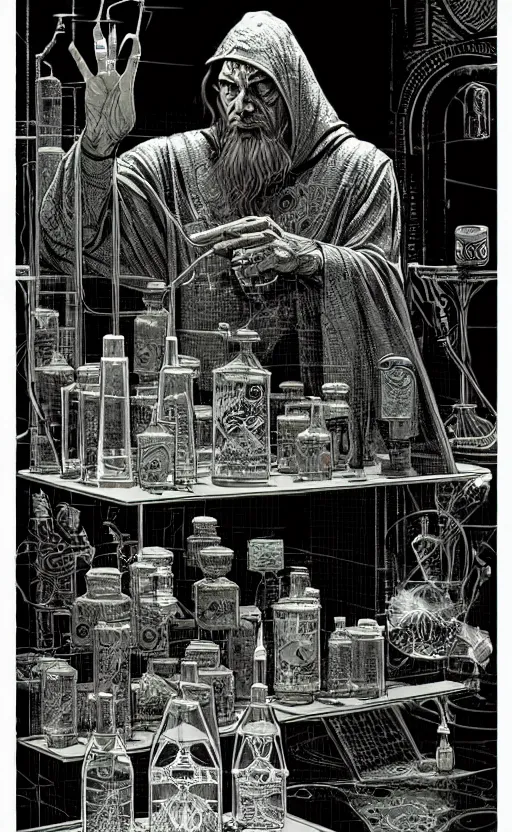 Image similar to ancient cloaked wizard mixing potions in his laboratory, high details, intricately detailed, by vincent di fate, inking, 3 color screen print, masterpiece, trending on artstation,, sharp, details, hyper - detailed, hd, 4 k, 8 k