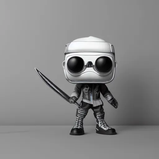 Image similar to a 3d render of technoblade as a funko pop stood Infront of the box, studio lighting, grey background