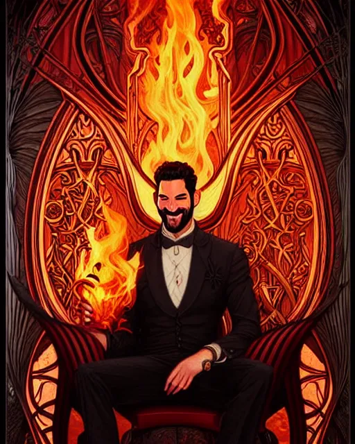 Image similar to tom ellis ( lucifer ) smiling portrait in a burning chair, art nouveau, fantasy, intricate devilish designs, elegant, highly detailed, sharp focus, art by artgerm and greg rutkowski and wlop