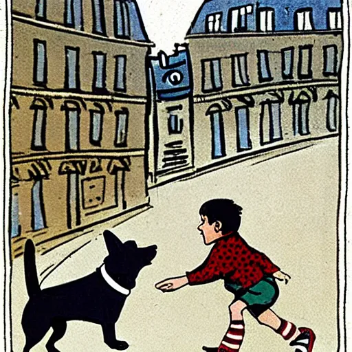 Image similar to book illustration of a french boy on the streets of paris playing football against a corgi, the dog is wearing a polka dot scarf, 1 9 6 6