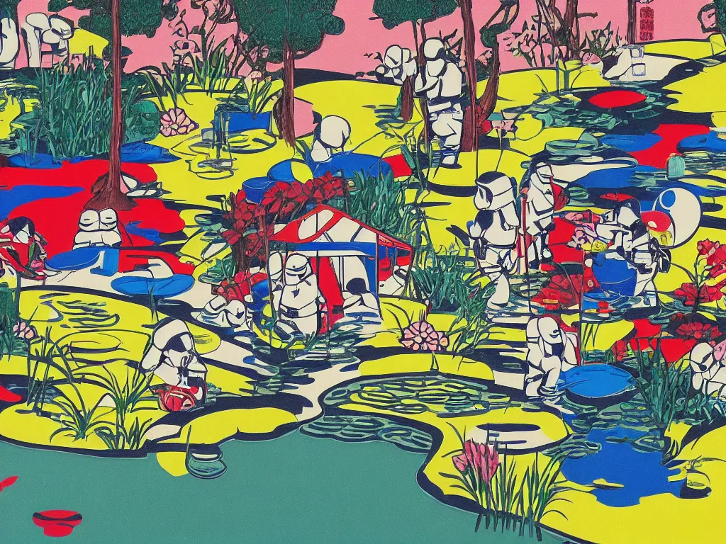 Prompt: close - up image of a japanese house with a pond, stormtroopers sitting around it, pop - art style, the style of andy warhol, roy lichtenstein and jackie tsai, bright and saturated palette, acrylic on canvas