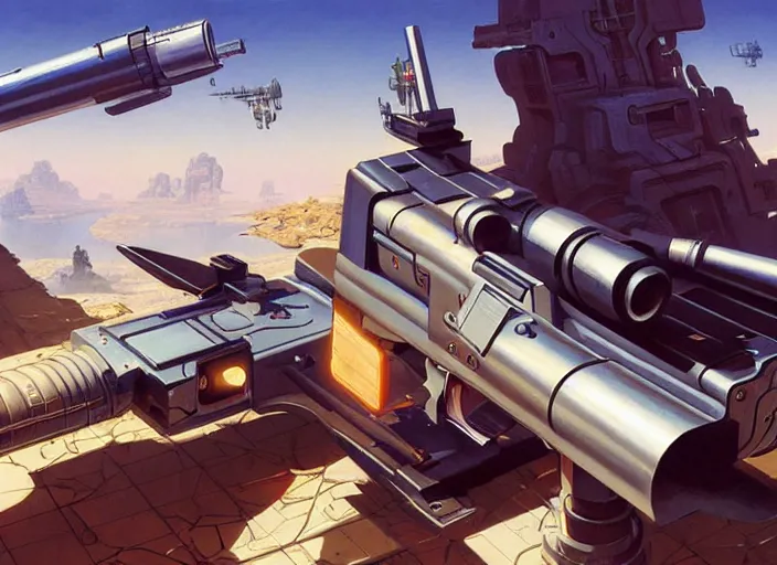 Prompt: futuristic gun on while background, hyperrealism, no blur, 4 k resolution, ultra detailed, style of style of robert mccall, syd mead, tyler edlin, wes anderson, greg rutkowski