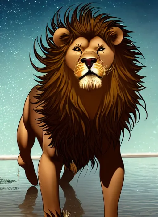 Image similar to award winning beautiful portrait commission of a male furry anthro lion fursona with a tail and a cute beautiful attractive detailed furry face wearing stylish black and gold swimming clothes in a cyberpunk beach at night while it rains. Character design by charlie bowater, ross tran, artgerm, and makoto shinkai, detailed, inked, western comic book art