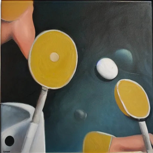 Image similar to Dos muxus xugando al ping pong sobro fondu naranxa, oil painting