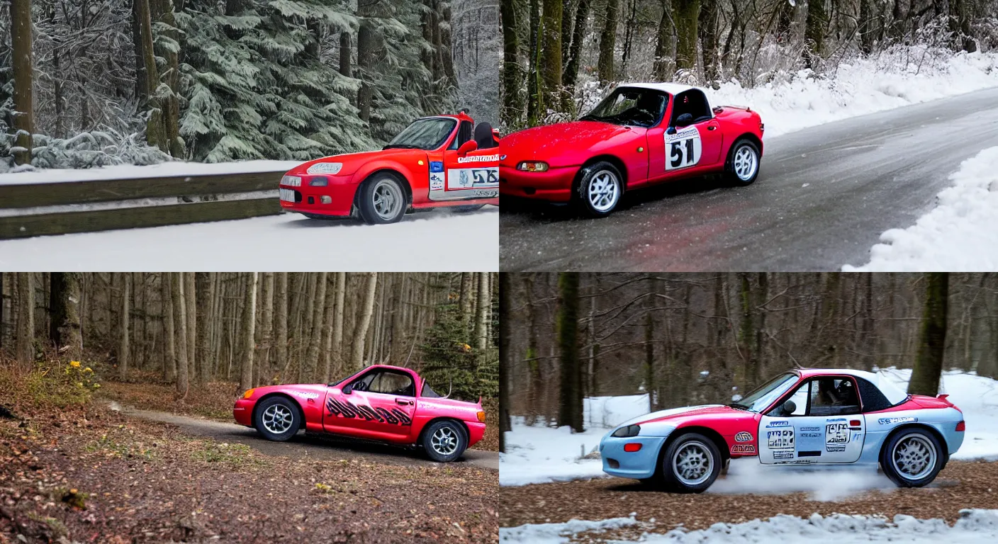 Prompt: a 1 9 9 4 mazda mx - 5 miata, racing through a rally stage in a snowy forest