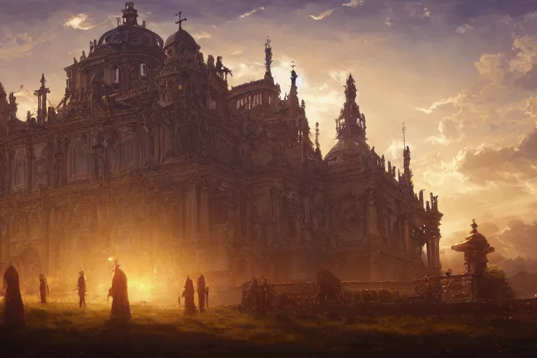 Prompt: an ornate baroque church with chain wheels, mortal engines, scene in an open field. key visual, conceptart, ambient lighting, highly detailed, digital painting, artstation, concept art, sharp focus, by makoto shinkai and akihiko yoshida and greg manchess