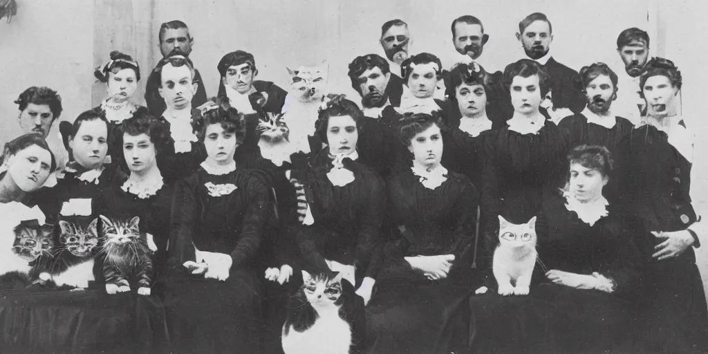 Prompt: an old black and white vintage film photo from 1890, award winning wide portrait of a very serious cats working in Tec support