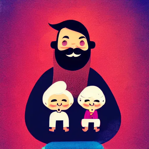 Image similar to curled perspective digital art of a cute cartoon character smiling beard grandpa with baby girl photo camera by anton fadeev