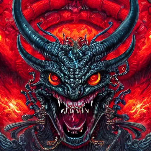 Image similar to dragon, demon, satan, red eyes, chain, handcuffs, wide open mouth, scream, cruelty, light effect, hyper detailed, intricate, elegant, highly detailed, digital painting, artstation, concept art, matte, sharp focus, illustration, by dan mumford, yusuke murata, makoto shinkai, ross tran